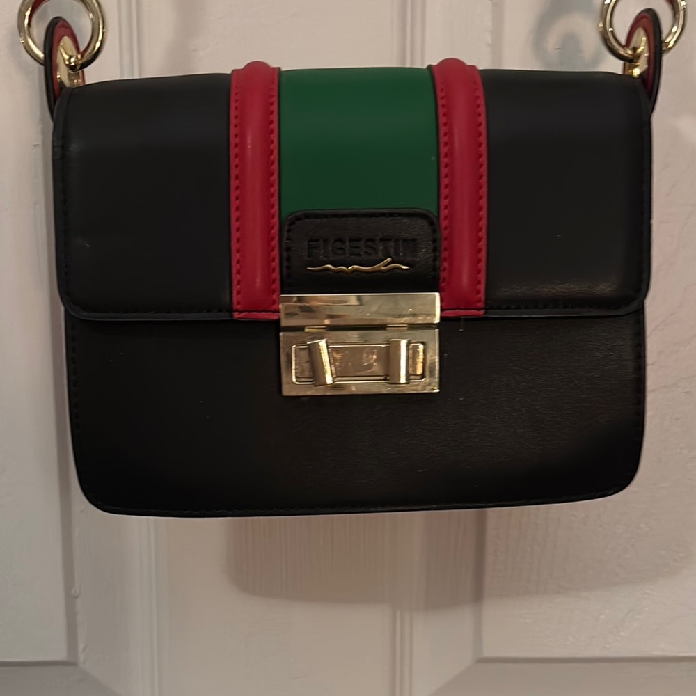 Sleek Black and Green Crossbody Bag with Gold Accent